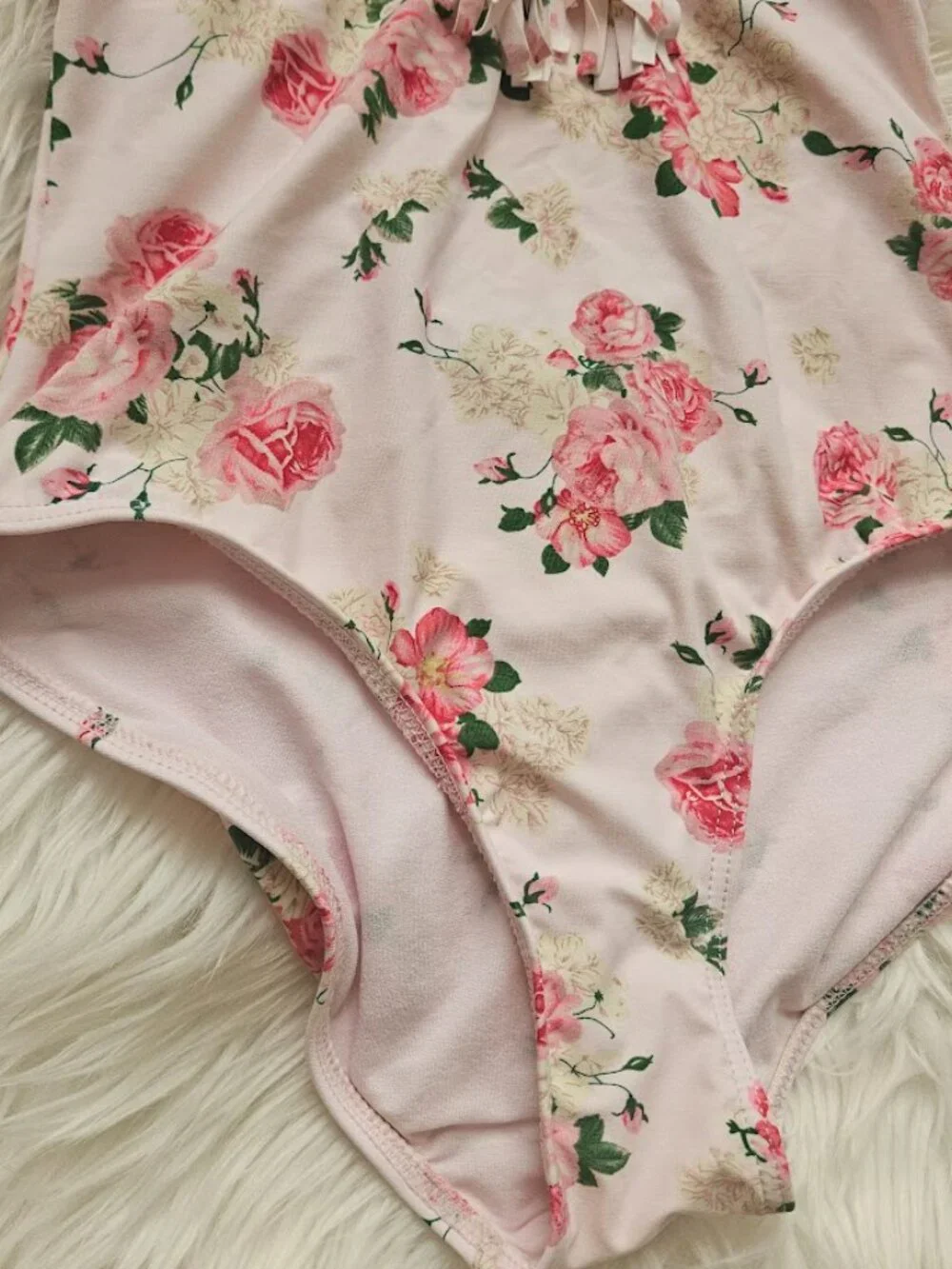 Pink Rose Printed Tassel Strappy Low Back Floral One Piece Swimsuit Small Kawaii